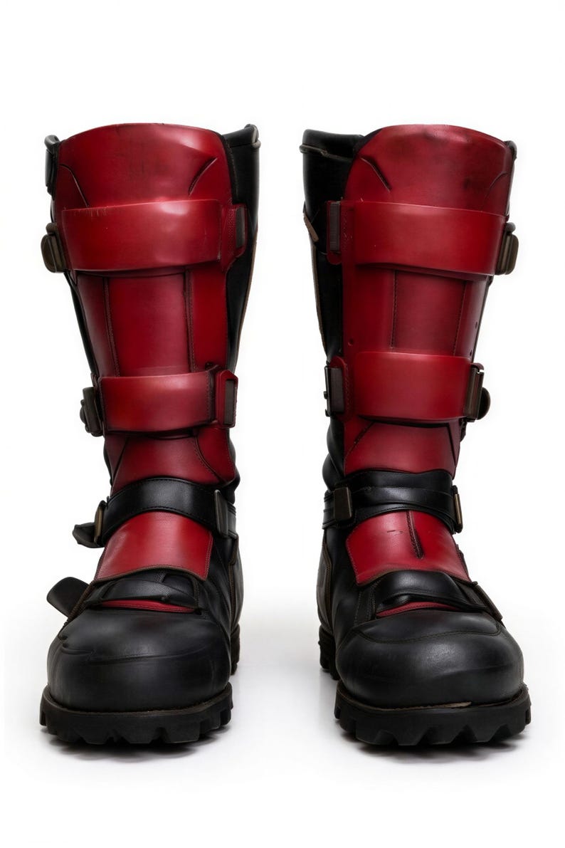 May include: A pair of black and red boots featuring multiple straps and buckles. The boots have a robust sole and are constructed from a blend of leather and synthetic materials. The upper section of the boots is red, with the lower part in black.