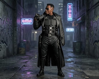 Blade Black Cowhide Leather  Cosplay Costume For Men - Dark Night Vampire Body suit - Handmade Premium Leather Tectical Armor Body Outfit