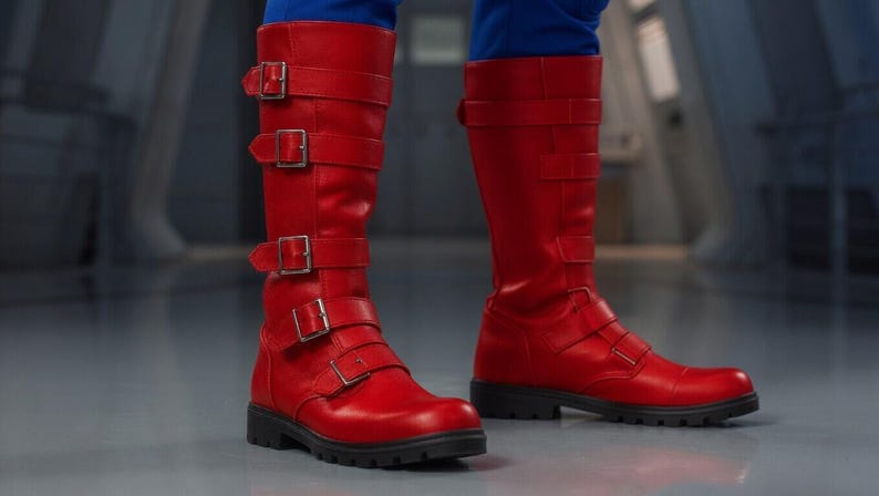 K&ouml;nnte beinhalten: Knallrote kniehohe Stiefel mit silbernen Schnallen und schwarzen Sohlen. Die Stiefel sind aus glattem Material gefertigt. Die Stiefel werden mit einer blauen Hose getragen. Die Stiefel sind ca. 40 cm hoch.