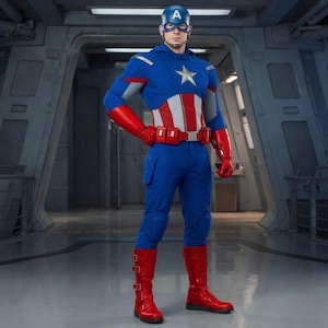 K&ouml;nnte beinhalten: Eine Person in einem Captain America-Kost&uuml;m, &uuml;berwiegend blau, rot und wei&szlig;. Das Kost&uuml;m hat einen Stern und einen Helm. Die Person tr&auml;gt rote Handschuhe und Stiefel. Die Kulisse scheint ein futuristisches Interieur zu sein.