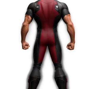 May include: A black and red superhero costume with a hood. The suit features a red central panel and black detailing on the shoulders and arms. The boots are black with red accents. The figure is seen from behind.