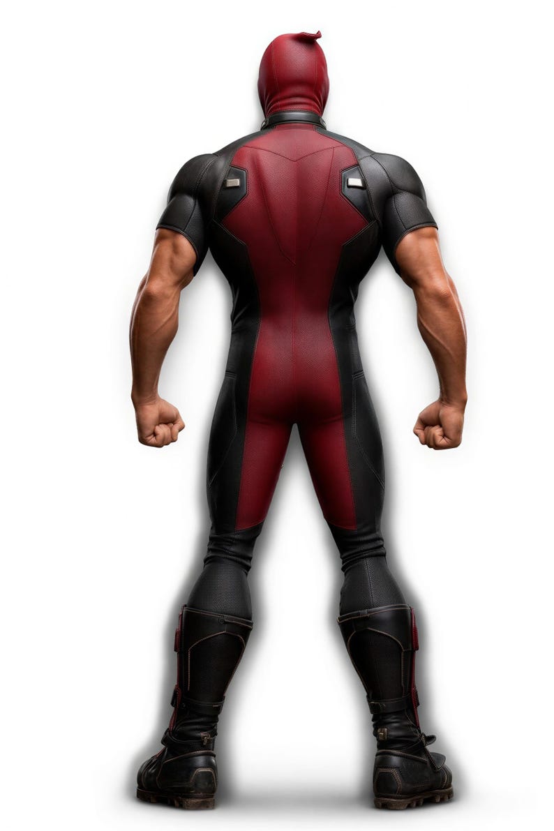 May include: A black and red superhero costume with a hood. The suit features a red central panel and black detailing on the shoulders and arms. The boots are black with red accents. The figure is seen from behind.