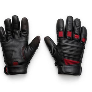 May include: A pair of black leather gloves with red detailing. The gloves feature reinforced stitching and padding on the knuckles and palms. The gloves are displayed against a white backdrop.