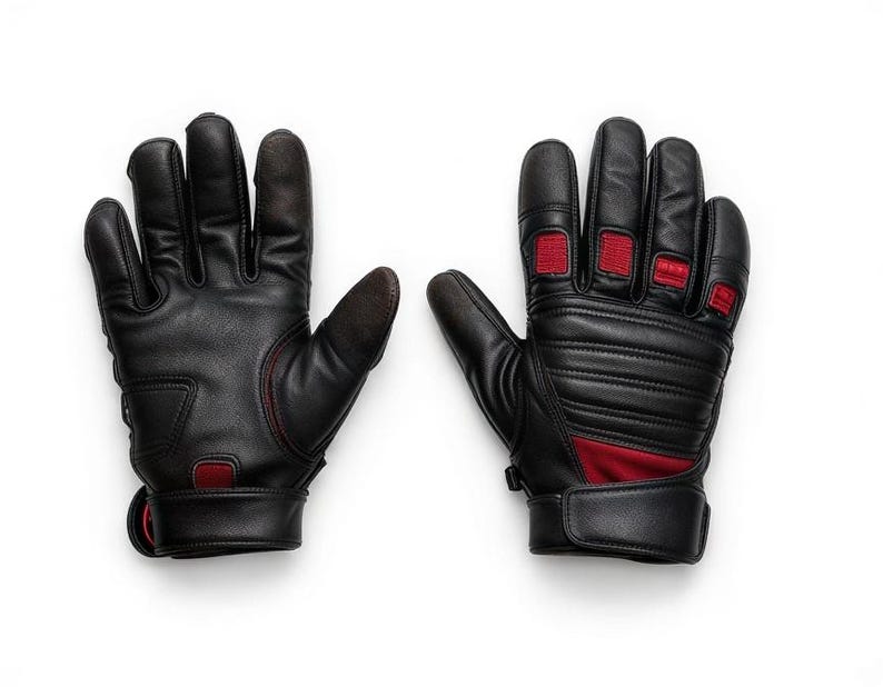 May include: A pair of black leather gloves with red detailing. The gloves feature reinforced stitching and padding on the knuckles and palms. The gloves are displayed against a white backdrop.