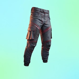 Men&#39;s Gothic Leather Biker Pants – Armored Tactical Motorcycle Trousers – Heavy Duty Cowhide Armored Cargo Pants with Utility Pockets