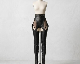 Gothic Black Leather Lace Up Pants | Steampunk High Waisted Corset Trousers | Handmade Cowhide Leather Festival Streetwear Slim Fit For Her