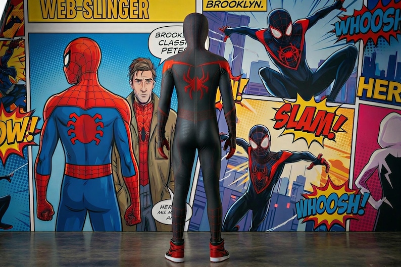 May include: A person in a black and red Spider-Man costume stands in front of a comic book-style mural. The mural features Spider-Man and the text "WEB-SLINGER", "BROOKLYN", "SLAM", and "WHOOSH!"