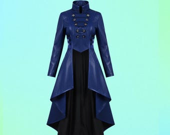Damen Gothic Steampunk Viktorianischer Gehrock, Blaue Kunstleder High Low Jacke, Militär Cosplay Kostüm, Piraten-Halloween-Mantel