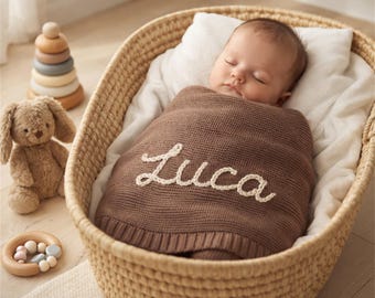 Manta de bebé tejida personalizada / Manta de bebé manual / Manta de bebé bordada con nombre personalizado / Manta de bebé de punto de algodón suave / Regalo para baby shower