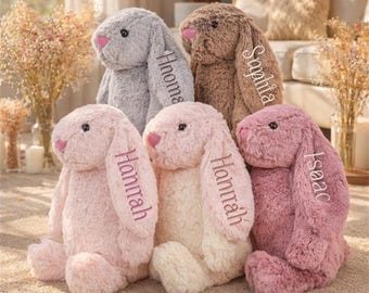 May include: Five plush bunny rabbits in various pastel colors: gray, brown, light pink, cream, and dusty rose. Each bunny has a pink nose and embroidered name on the ear. The bunnies are sitting on a neutral-toned carpet.