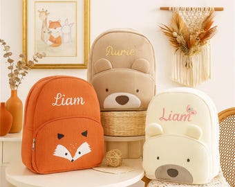 Zaino per bambini in velluto a coste personalizzato, nome ricamato, disegno di animali