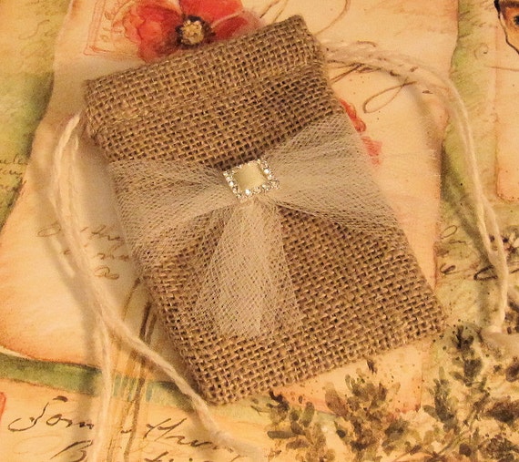 Items similar to 5 Burlap Wedding Favor Bags - RS Buckle - with Tulle ...