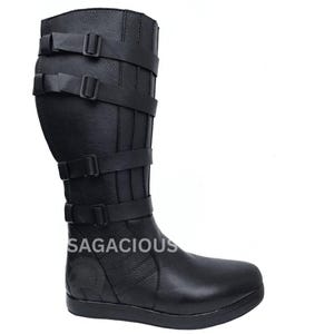 Handcrafted Black Leather Knee-High Buckle Boots: Cosplay, Motorcycle