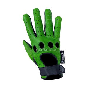 Green Leather Driving Gloves: Reverse Stitch, Vintage Racing Style