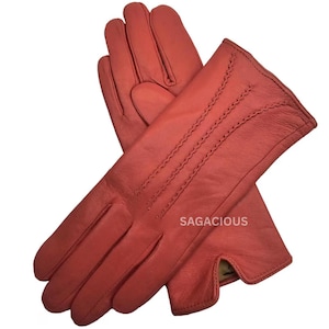 Red Leather Long Gloves – Stitched Women&#39;s Winter Gloves