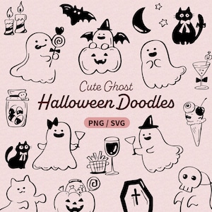 Cute Doodle Ghost Halloween Clipart with PNG SVG, happy Halloween Ghosts, cat, Hand-Drawn Whimsical illustration, Spooky Clip art Icons set