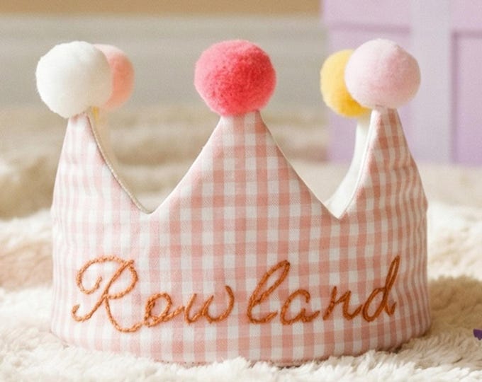 Featured listing image: Heirloom Personalized 1st Birthday Crown, Hand Embroidered Name, Pink Gingham Cotton, Baby Toddler 0-3, Keepsake Gift