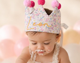 Personalized Birthday Crown for Baby Custom Name Pastel Party First Birthday Cake Smash Hat