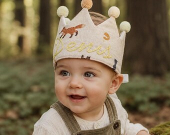 Personalized Woodland Fox Birthday Crown for Baby, Custom Name First Birthday Cake Smash Photo Prop