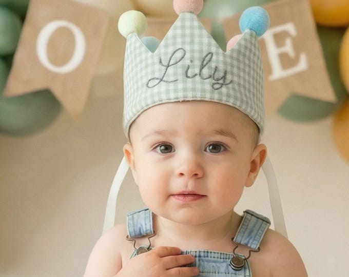 Featured listing image: Personalized Birthday Crown Hat, Custom Name Embroidered Gingham Fabric Crown, Toddler Party Outfit Keepsake