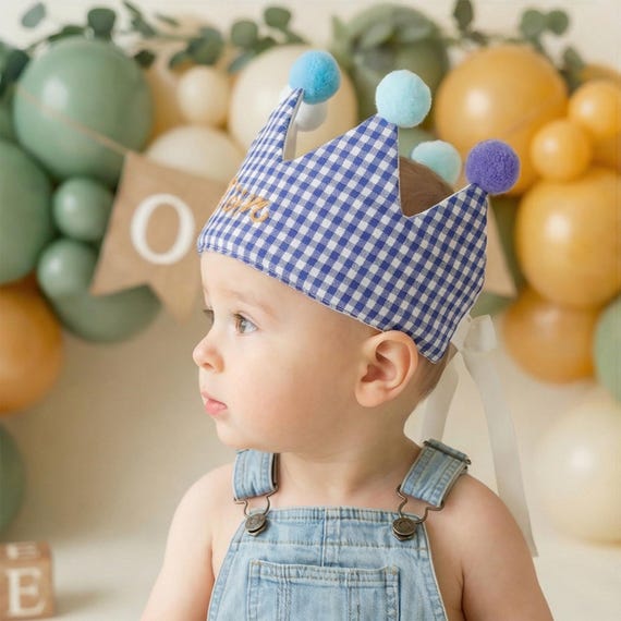 Personalized Gingham Birthday Crown, Embroidered Name, Baby Toddler 1st Birthday Hat, Cake Smash Photo Prop, Adjustable