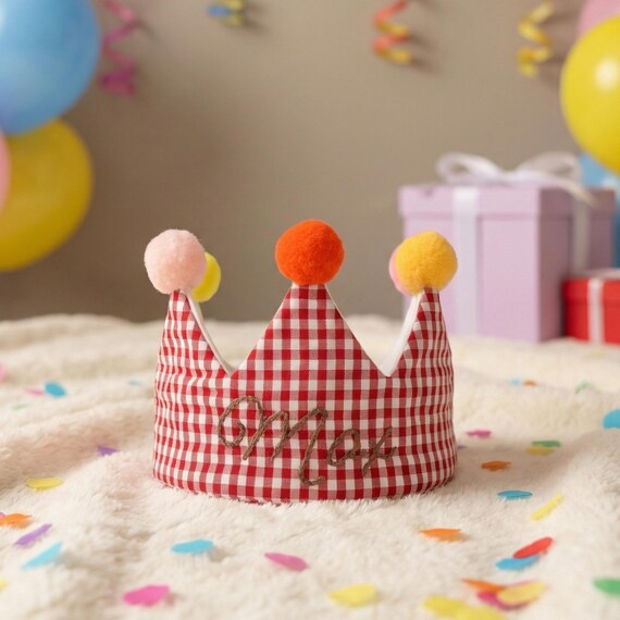 Handmade Personalized Birthday Crown Hat, Custom Embroidered Name, Baby Toddler First Birthday, Cake Smash Photo Prop, Adjustable Keepsake