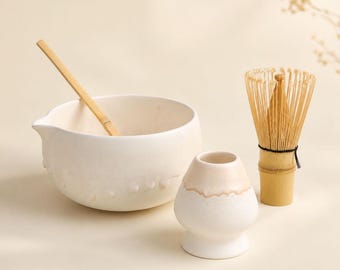 Cream Ceramic Matcha Bowl Set with Bamboo Whisk & Chasen Holder