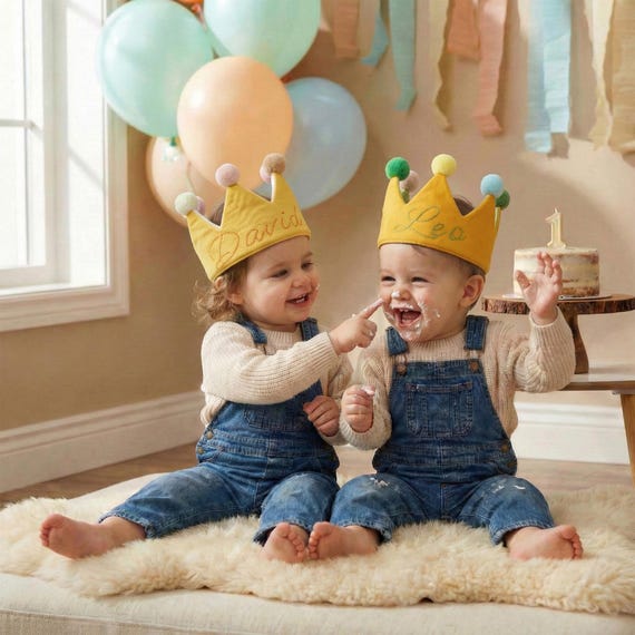 Personalized Birthday Crown Set for Twins or Siblings, Custom Hand Embroidered Linen Crowns, Handmade Baby Toddler Set