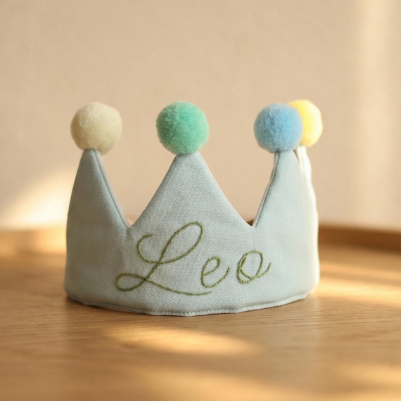 Personalized Handmade Baby Birthday Crown, Neutral Keepsake Name Crown, Embroidered Toddler Party Hat for Birthday Photos