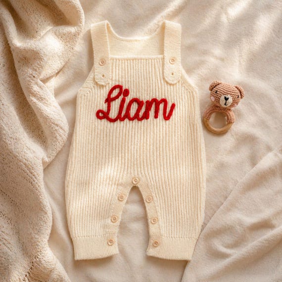 Custom Baby Name Romper, Personalized Knit Baby Overalls, Embroidered Newborn Outfit, Baby Shower Gift, Gender Neutral