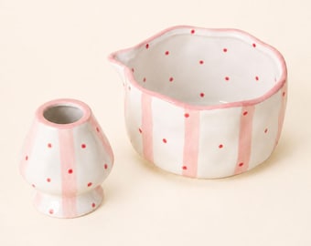 Handmade Pink Striped Ceramic Matcha Bowl with Spout, Optional Chasen Holder and Bamboo Whisk Set for Iced Matcha Latte