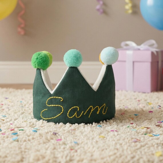 Personalized Forest Green “Wild One” 1st Birthday Crown | Hand-Embroidered Name