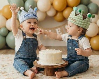 Hand Embroidered Personalized Birthday Crown, Custom Name Cotton, Baby Toddler 0-3, 1st Birthday Cake Smash Photo Prop, Keepsake