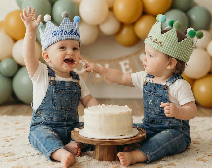 Featured listing image: Hand Embroidered Personalized Birthday Crown, Custom Name Cotton, Baby Toddler 0-3, 1st Birthday Cake Smash Photo Prop, Keepsake