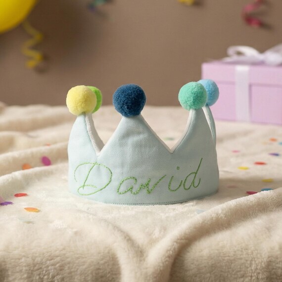 Hand-Embroidered Personalized 1st Birthday Crown, Cotton Baby Keepsake