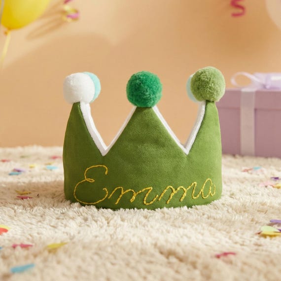 Personalized Hand Embroidered Birthday Crown: Custom Name Linen Keepsake Hat for Kids