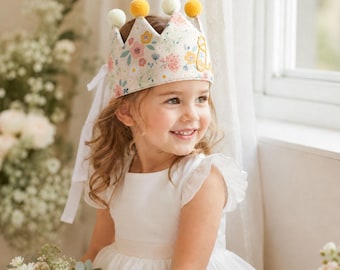 Personalized Flower Girl Crown for Kids, Custom Name Floral Wedding Crown, Soft Fabric Garden Wedding Crown