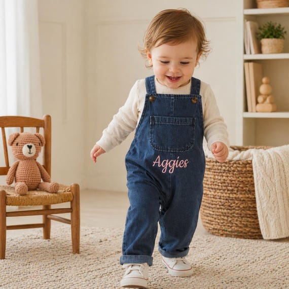 Custom Name Denim Baby Overalls, Personalized Embroidered Baby Outfit, First Birthday Outfit, Classic Baby Dungarees