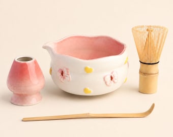 Handmade Pink Floral Ceramic Matcha Bowl with Spout, Optional Whisk Holder and Bamboo Tools, Matcha Gift for Her