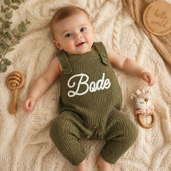 Personalized Woodland Baby Outfit, Custom Name Green Knit Romper, Little Wild One Baby Clothes, Baby Shower Gift