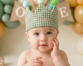 Wild One Birthday Crown, Green Gingham, Hand Embroidered, Personalized