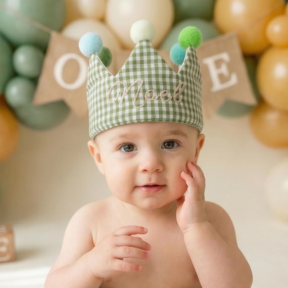 Wild One Birthday Crown, Green Gingham, Hand Embroidered, Personalized