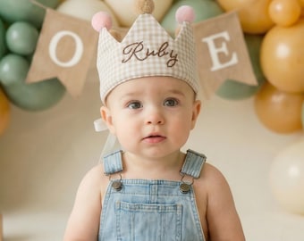 Personalized 1st Birthday Crown, Embroidered Gingham Baby Party Hat, Custom Name Cake Smash Prop