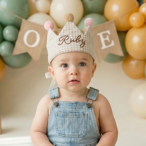 Personalized 1st Birthday Crown, Embroidered Gingham Baby Party Hat, Custom Name Cake Smash Prop
