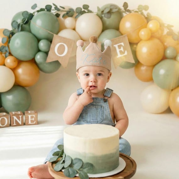 Hand Embroidered Personalized Birthday Crown, Custom Name, Cotton, 0–3 Years, 1st Birthday Keepsake