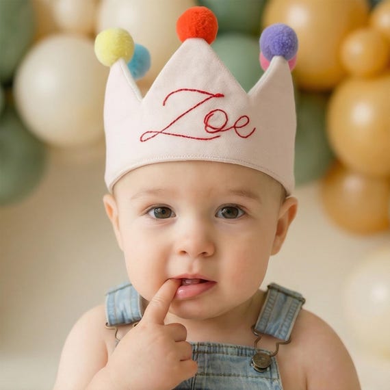 Hand-Embroidered 1st Birthday Crown | Personalized Cotton Keepsake