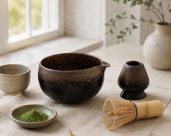 Handmade Ceramic Matcha Bowl Set with Bamboo Whisk, Chasen Holder and Bamboo Scoop
