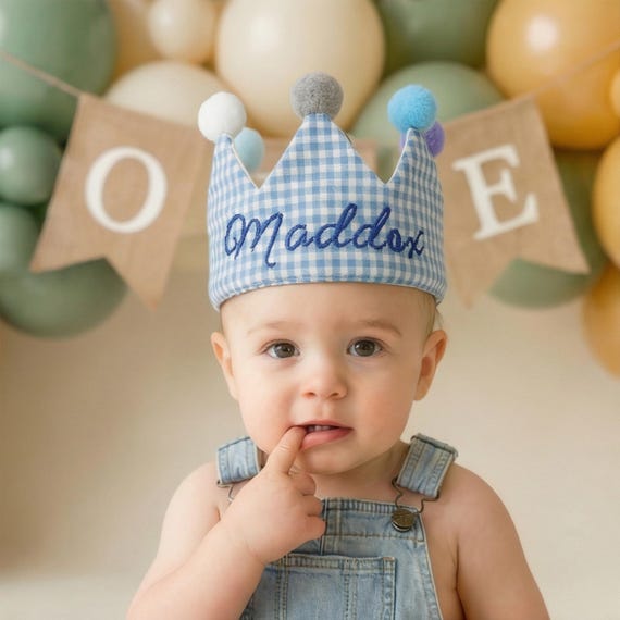 Custom Name Birthday Crown Hat, Handmade Gingham Baby Crown, Personalized Embroidered Toddler Party Hat, First Birthday Keepsake