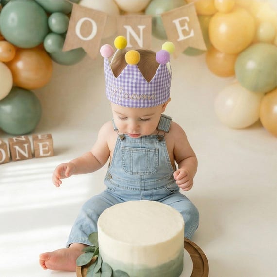 Personalized Birthday Crown Hat, Custom Name Embroidered Gingham Crown, 1st First Birthday, Cake Smash Photo Prop