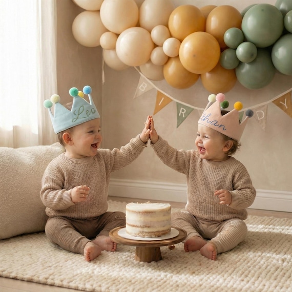 Personalized Handmade First Birthday Crown for Baby, Embroidered Name Cake Smash Hat, Adjustable Toddler Party Crown